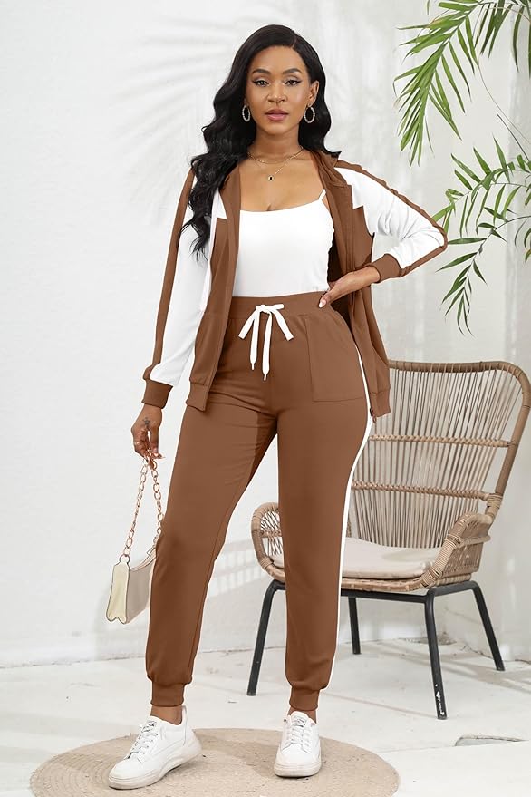 CLOCOR Track Suits for Women Set - Casual 2 Piece Outfits Sweatsuit Pocket Hoodies Long Sleeve with Patchwork Pants Set