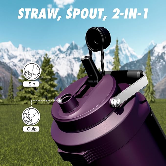 POWCAN 128 oz Insulated Water Bottle: 2-in-1 Straw Spout Lid, Dual Handle, Leakproof, Keep Cold 48H, Gallon Stainless Steel Water Jug for Camping, Travel, Gym, Hydration, Fitness, Daily (Burgundy)