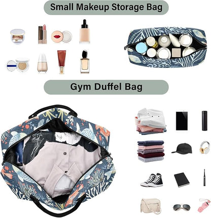 Weekender Bags Travel Duffel Gym Bag Carry on Overnight Tote Bag with Toiletry Bag for Airplane Travel Trip Gym Yoga (Ocean Animals and Plants)
