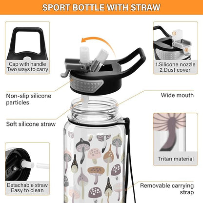 Fustylead Forest Mushrooms 32oz Water Bottle with Straw, Leakproof Clear Sport Water Bottles for Gym Camping Hiking Travel