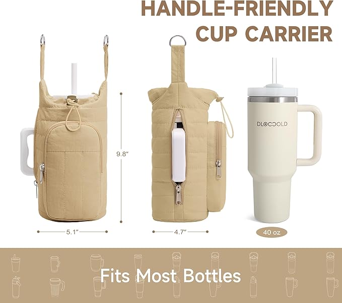 WOOMADA Water Bottle Holder Bag with Strap, 40/32 oz Crossbody Bag Gym Accessories, Sling Purses for Women(Khaki)