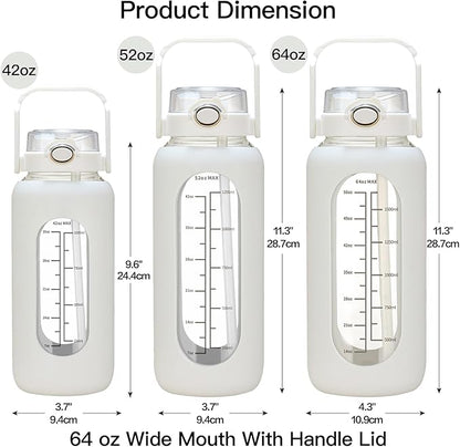 64oz Glass Water Bolttles with Straw Half Gallon Large Motivational Water Bottle with Time Marker Sports Water Bottles with Silicone Sleeve and Handle Lid Water Jug for Gym Workout