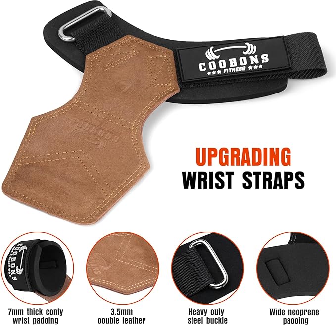 Weight Lifting Wrist Straps, Gym Straps Weight Lifting for Deadlift and Powerlifting, Double Layer Leather Wrist Wraps with Padded Cushion Wrist Loop, Weightlifting Grips for Men and Women