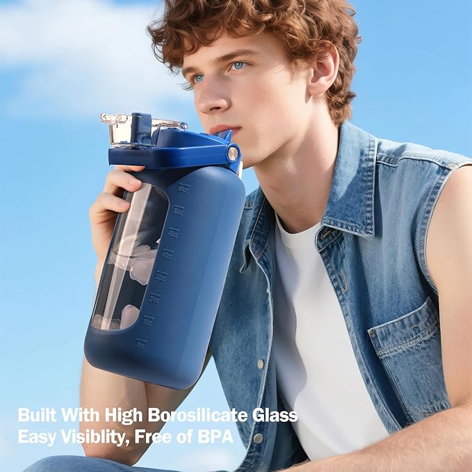 72oz Glass Water Bolttles, 3-in-1 Straw and Sip Spout Handle Lid, Half Gallon Water Bottle with Time Marker and Silicone Sleeve, BPA-Free Sports Water Bottle for Gym, School, DBlue