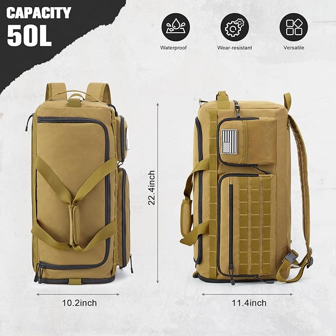 G4Free 3-in-1 Travel Duffle Bag for Men and Women, 50L Large Gym Sports Bags Tactical Military Duffle Backpack with Shoes Compartment and Wet Pocket (Khaki)