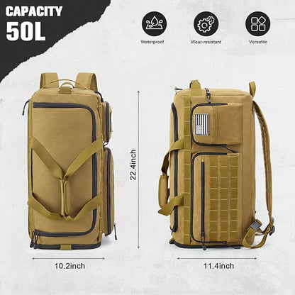 G4Free 3-in-1 Travel Duffle Bag for Men and Women, 50L Large Gym Sports Bags Tactical Military Duffle Backpack with Shoes Compartment and Wet Pocket (Khaki)