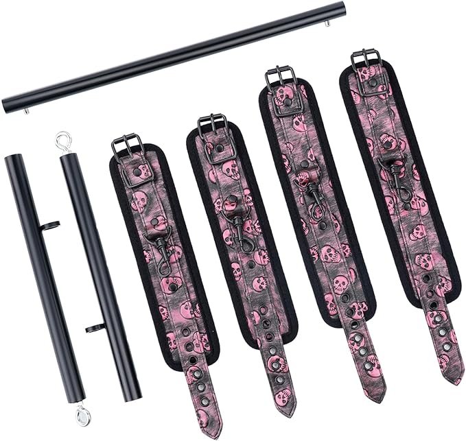 Heavy Duty Stainless Steel Expandable Spreader Bar with 4pcs PU Black--Pink Skull Pattern Detachable Adjustable Straps,Workout Bar for Home Indoor Gym Training Kit