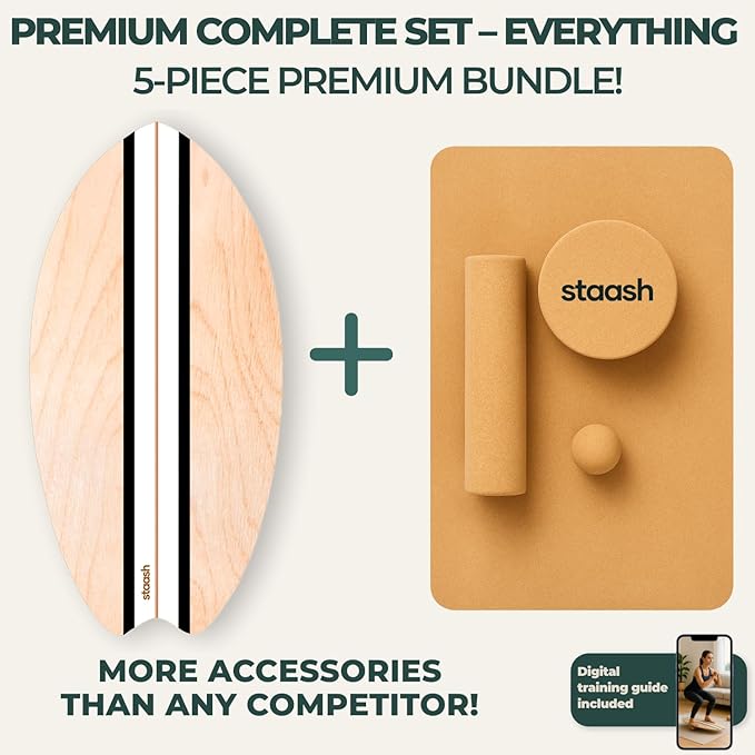 STAASH® Balance Board – Starter (Board + Roller) or Full Kit (w/Mat, Ball & Disc) – Core Balance Trainer for Fitness, Rehab, Surf – Free Coaching Videos