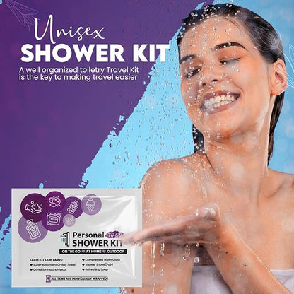 Compact Personal Shower Kit To-Go– Your Hygiene Companion for Travel, Gym, Camping | Shower on the Go | Shampoo, Soap, Towel. All in One (100)