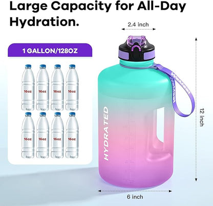 Gallon Sport Water Jug with Time Marker and non-slip handle, Sports Motivational Water Bottle, Wide Mouth with Easy Clean Brush for Outdoor, Fitness, Gym