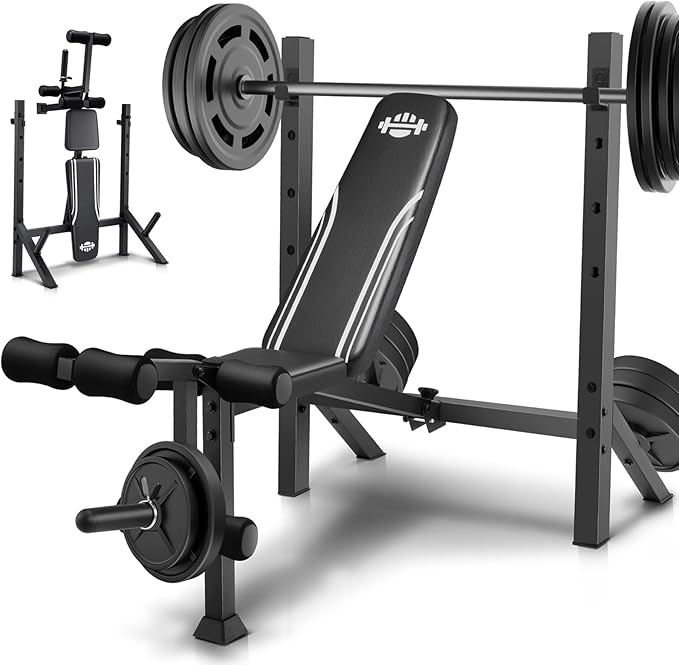 ANCHEER 900LBS Weight Bench Set with Squat Rack, Adjustable Bench Press Set with Leg Extension and Leg Curl, Flat Incline Decline Workout Bench for Home Gym Full Body Strength Training