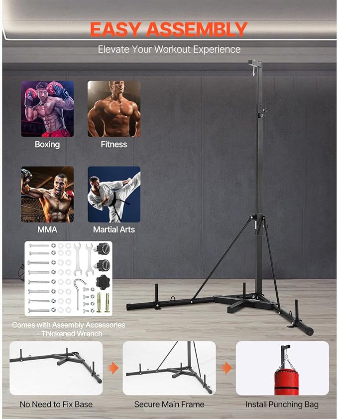 Happybuy Heavy-Duty Punching Bag Stand – Adjustable Height Steel Fitness Equipment with Weighted Base, Holds Up to 140lbs, Freestanding Sandbag Rack for Home Gym & Martial Arts Training