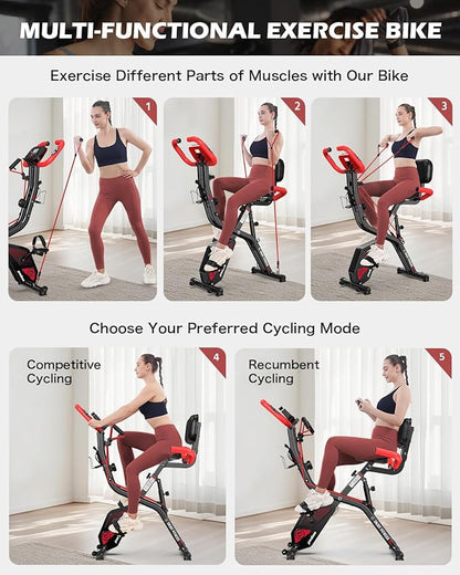 pooboo Folding Exercise Bike, Foldable Upright Stationary Bike, Indoor Cycling Magnetic X-Bike with 8-Level Adjustable Resistance, 6.6 LBS Flywheel, 300LB Capacity, Back Support Cushion for Home Gym