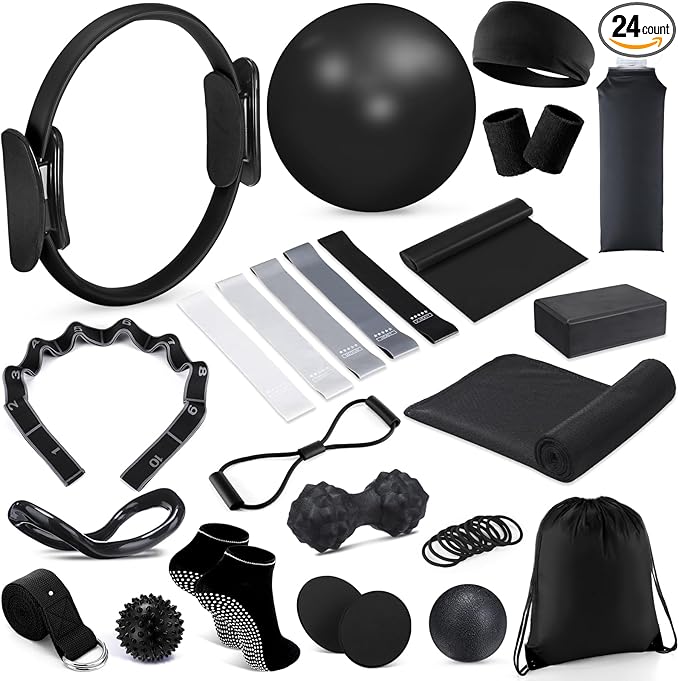 24 Pcs Home Pilates Essentials Kit for Women, Pilates Equipment Ring and Ball Set with Stretching Strap, Water Bottle, Magic Circle, Yoga Ring, Gym Bag, Resistance Band, Anti Slip Socks