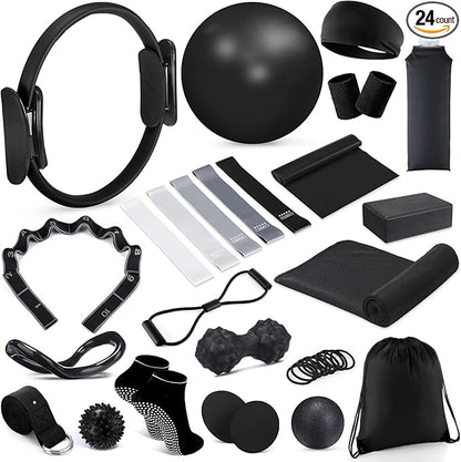 24 Pcs Home Pilates Essentials Kit for Women, Pilates Equipment Ring and Ball Set with Stretching Strap, Water Bottle, Magic Circle, Yoga Ring, Gym Bag, Resistance Band, Anti Slip Socks