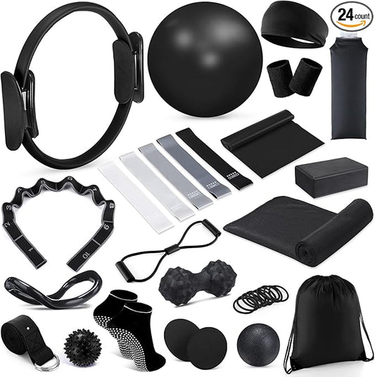 24 Pcs Home Pilates Essentials Kit for Women, Pilates Equipment Ring and Ball Set with Stretching Strap, Water Bottle, Magic Circle, Yoga Ring, Gym Bag, Resistance Band, Anti Slip Socks