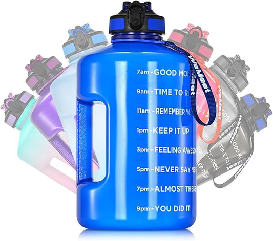 1 Gallon Water Bottle with Handle, 128oz LeakProof Reusable Gym Water Bottle with Capacity Scale, BPA Free, Ideal for Gym and Outdoor Life (Blue)