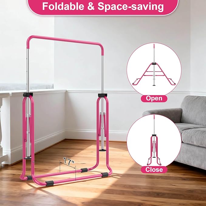 SHIWEI Gymnastics Bar for Kids, Foldable Gymnastic Bar with 5 Adjustable Height, Expandable Training Equipment for Indoor/Outdoor