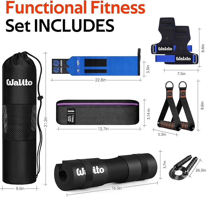 WALITO Barbell Squat Pad Set for Women, 10 Pcs Hip Thrust Gym Equipment with Exercise Handles, Wrist Wraps, Lifting Straps, Booty Band & Jump Rope, Portable Cable Machine Attachments
