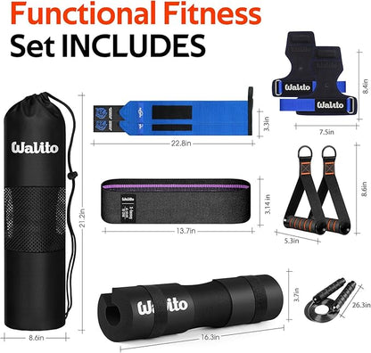 WALITO Barbell Squat Pad Set for Women, 10 Pcs Hip Thrust Gym Equipment with Exercise Handles, Wrist Wraps, Lifting Straps, Booty Band & Jump Rope, Portable Cable Machine Attachments