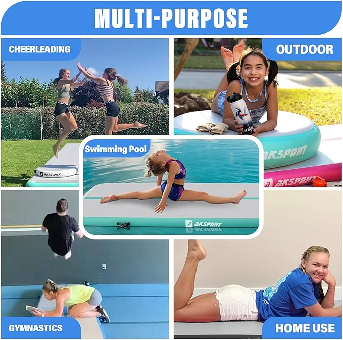 AKSPORT Inflatable Gymnatsics Mat Tumble Track 10ft 13ft 16ft 20ft 23ft Air Tumbling Mat with Air Pump for Home Use/Training/Cheerleading/Yoga