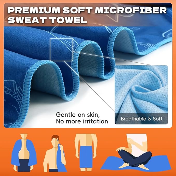 Microfiber Sweat Towel Quick Dry Lightweight Absorbent 2 Pack,Fast Drying 30‘’ X 60‘’ Negative Ions Odorless Gym Towels for Men & Women Yoga Gym Travel Outdoor Camping Beach (Marine Blue Hat)