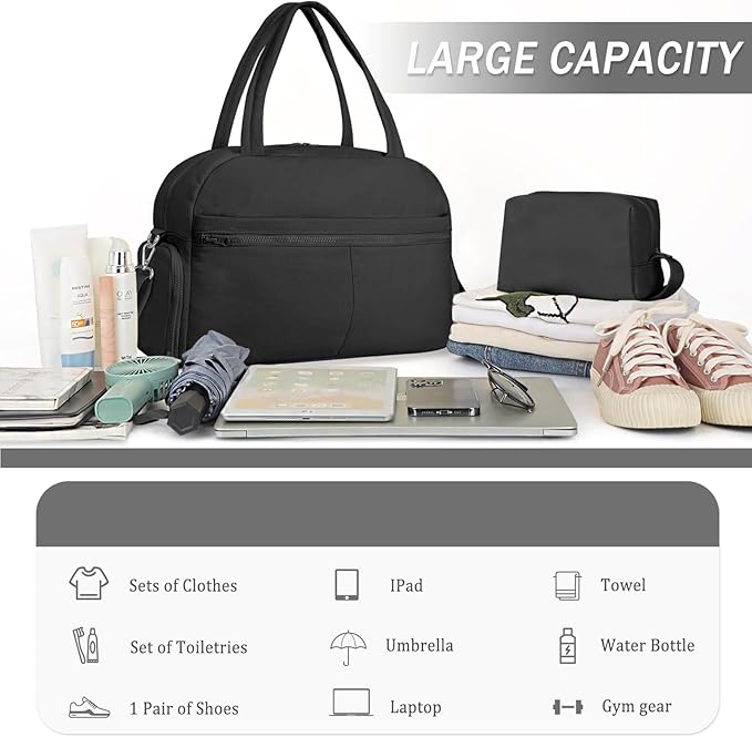 Sports Gym Bag for Women, Lightweight Travel Duffle Bags with Shoe Compartment & Wet Pocket, Weekender Overnight Bag Fitness Workout Bag with Toiletry Bag (Black)