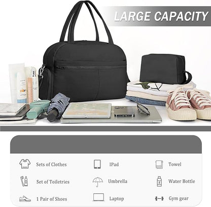 Sports Gym Bag for Women, Lightweight Travel Duffle Bags with Shoe Compartment & Wet Pocket, Weekender Overnight Bag Fitness Workout Bag with Toiletry Bag (Black)