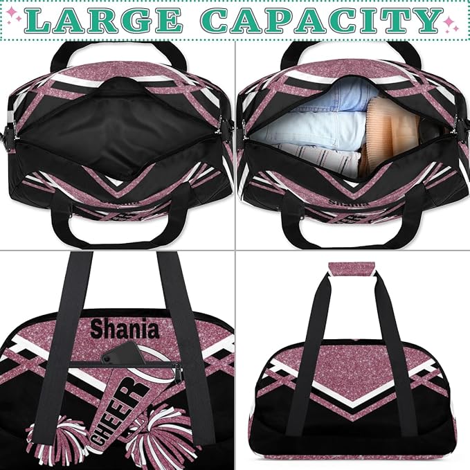Personalized Cheerleaders Duffle Bag for Girls, Customized Training Bag with Glitters, Dark Pink Overnight Weekender for Cheerleading & Outdoor Use