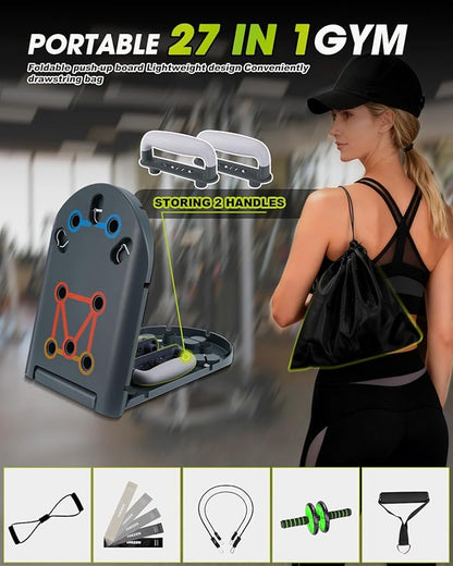 Hikeen Home Workout Equipment to Help Achieve Fitness Goals, 27-in-1 Portable Gym Exercise Equipment with Compact Push-Up Board, Resistance Bands, Ab Roller Wheel, and Pilates Bar, Master Your Workout