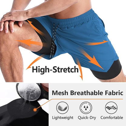 Aolesy Men's 2 in 1 Running Shorts 5" Workout Gym Athletic Shorts for Men Quick Dry Lightweight Training Shorts with Pockets