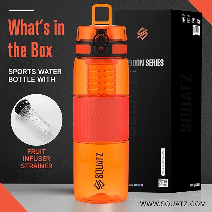 SQUATZ 24 Oz Poseidon Series Sports Water Bottle - Premium Quality Wide Mouth Gym Juice Protein Flask with Fruit Infuser Strainer, Carrying Strap, Leak Resistance, and Zero Condensation,Orange