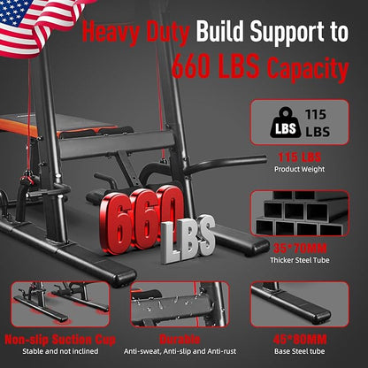 HARISON Multifunction Power Tower with Bench, Heavy Duty Pull Up Bar Dip Station for Home Gym Workout Strength Training Fitness Equipment