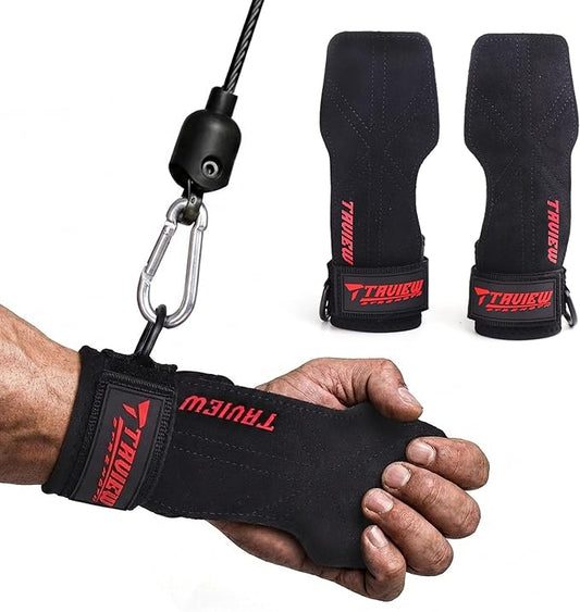 Wrist Straps for Weightlifting With D Ring,Double Layer Leather Wrist Strap For Deadlift And Powerlifting, Adjustable Neoprene Padded Gym Workout Lifting Hooks