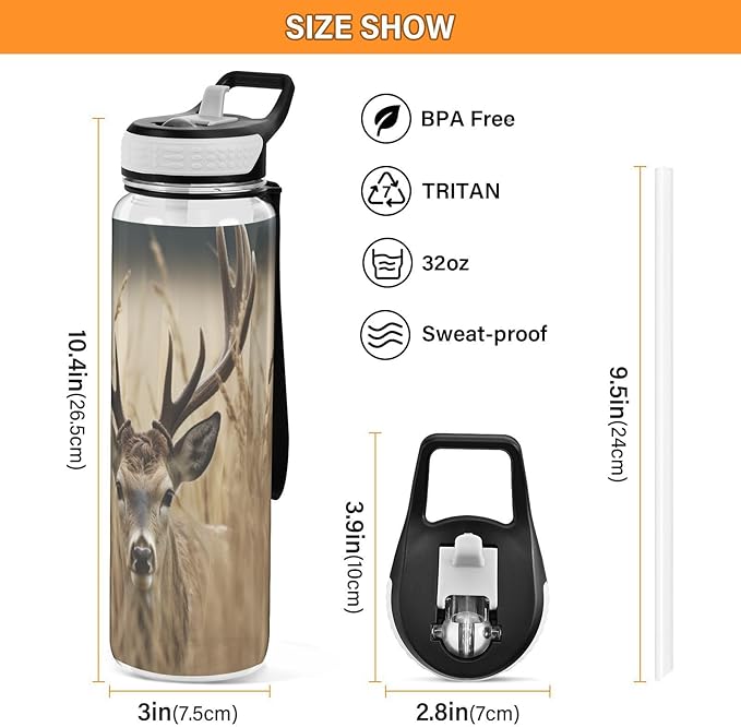 YETTASBIN Deer Clear Water Bottle with Straw Lid, BPA-Free Leakproof Sport Water Bottle 32oz Large Gym Water Jug for Men Women Travel Fitness Outdoor