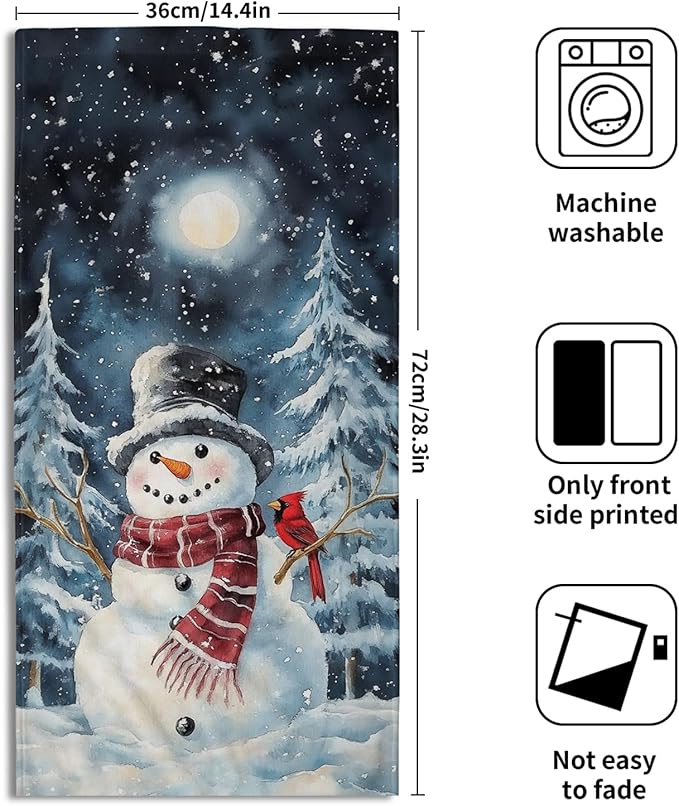 Winter Snowman Hand Bath Towel 2 Packs 28x14 inch Xmas Snow Snowflake Red Bird Decorative Kitchen Tea Dish Towels Seasonal Soft Absorbent Fingertip Towel for Home Bathroom Gym Spa