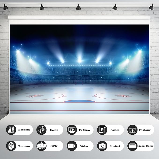 Ice Hockey Sport Backdrop Hockey Stadium Arena Ice Rink Photography Background Stage Lights Spotlight Match Games Backdrop Decors Newborn Boys Birthday Party Background Banner Props 8x6ft