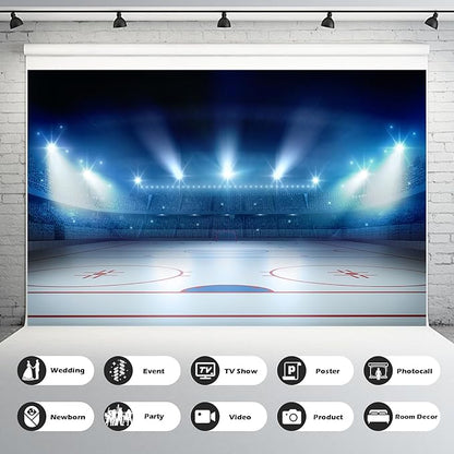 Ice Hockey Sport Backdrop Hockey Stadium Arena Ice Rink Photography Background Stage Lights Spotlight Match Games Backdrop Decors Newborn Boys Birthday Party Background Banner Props 7x5ft