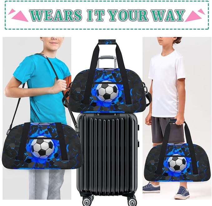 Sports Bag for Kids Boys, Soccer Ball Blue Black Sports Gym Duffel Fitness Bags Travel Weekender Tote Carry-On Training Perform Bag