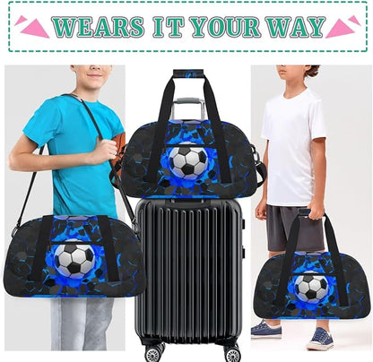 Sports Bag for Kids Boys, Soccer Ball Blue Black Sports Gym Duffel Fitness Bags Travel Weekender Tote Carry-On Training Perform Bag