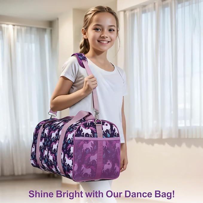 Bagseri Dance Bag for Girls - Kids Duffle with Shoe Compartment, Gymnastics Tote for Sleepover Travel with Water Resistant Wet Pocket (Deep Purple Unicorn)
