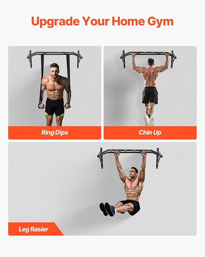 VEVOR Pull Up Bar, Multi-Grip Wall Mounted Pull Ups, 50 in Width Multifunctional Chin Up Training Station, Heavy Duty Steel Upper Body Workout Bars with Hangers, 440 lbs Weight Capacity, for Home Gym