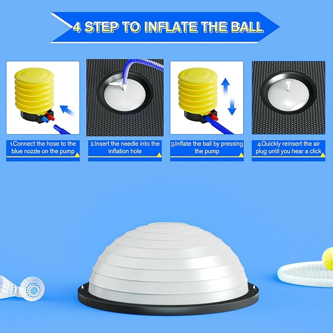 Half Balance Ball Trainer - 23 Inch Half Exercise Ball for Workout, Physical Therapy, Yoga, Home Gym, Core Strength, Stability, Fitness, Balance Training Equipment with Resistance Bands, Foot Pump
