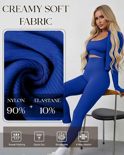 Women 3 Piece Seamless Workout Set Sports Bra High Waisted Gym Yoga Leggings Zip Up Jacket with Thumbhole Activewear