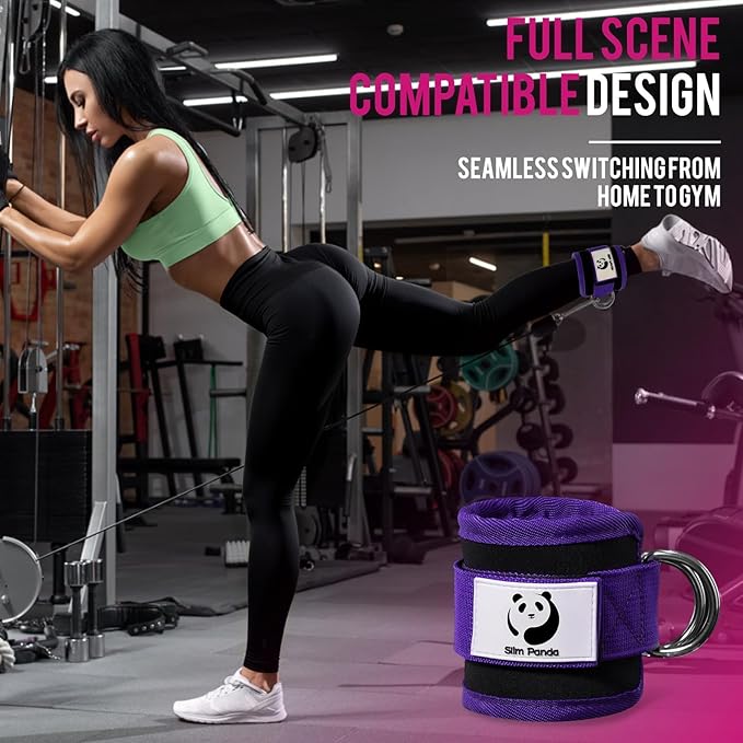 Slim Panda Ankle Strap for Cable Machine,Ankle Cuff for Kickbacks, Booty Hip Abductors,Glute Workouts, Leg Extensions, Curls for Men and Women, Adjustable with Double D-Rings