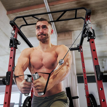 RitFit Multi-Function Garage & Home Gym Package Includes 1200LBS Power Cage PPC03/P3 with Cable Crossover System, Weight Bench, Olympic Barbell Weight Set, Full Body Workout