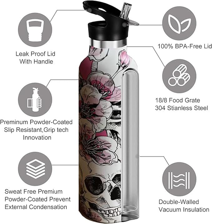 Skull Sport Water Bottle with Straw, Vacuum Insulated Stainless Steel Thermal Drinking Travel Mug Cups For Gym Fitness Camping-20oz/600ml