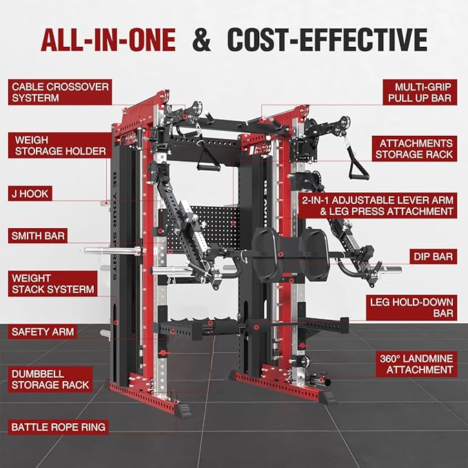 FAGUS Commercial Smithe Machine with Dual Weight Stacks, Power Cage Squat Rack with Lever Arm & Leg Press Attachment, Multi-Function Linear Bearing Cable Crossover Machine for Home Gym