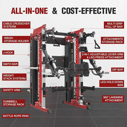 FAGUS Commercial Smithe Machine with Dual Weight Stacks, Power Cage Squat Rack with Lever Arm & Leg Press Attachment, Multi-Function Linear Bearing Cable Crossover Machine for Home Gym