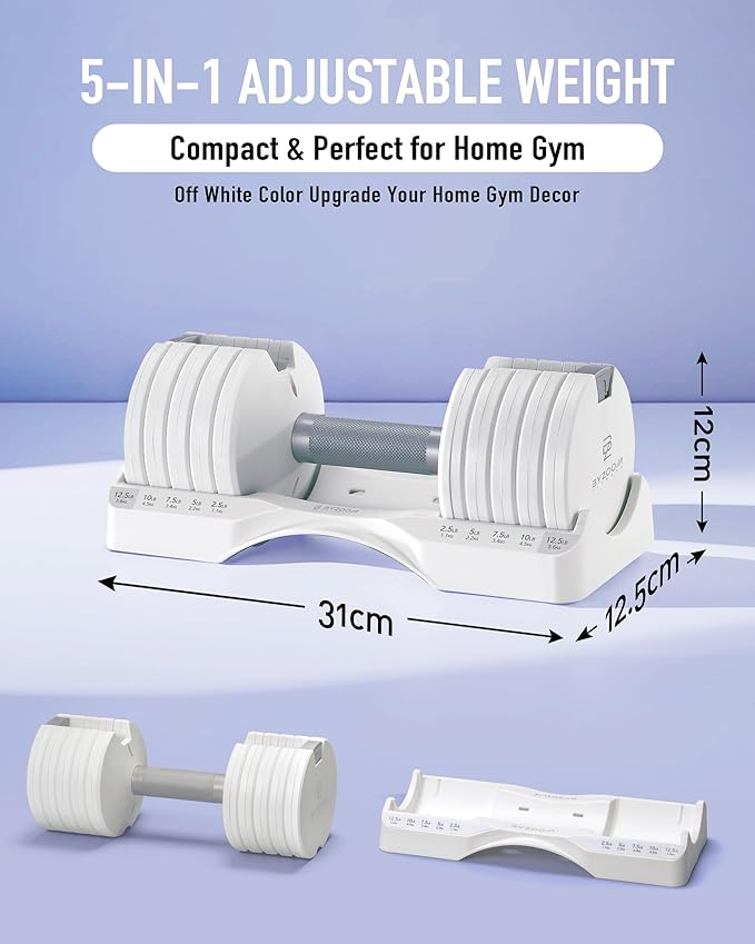 BYZOOM FITNESS Pure Series Adjustable Dumbbell - 12.5/25/27.5/75lb - ONE UNIT OR PAIR(check QTY before purchase) - 5-in-1/ 10-in-1 / 21-in-1 Flexible Hand Weights for Home Gym, Strength Training & Fitness Workouts, White OR Black